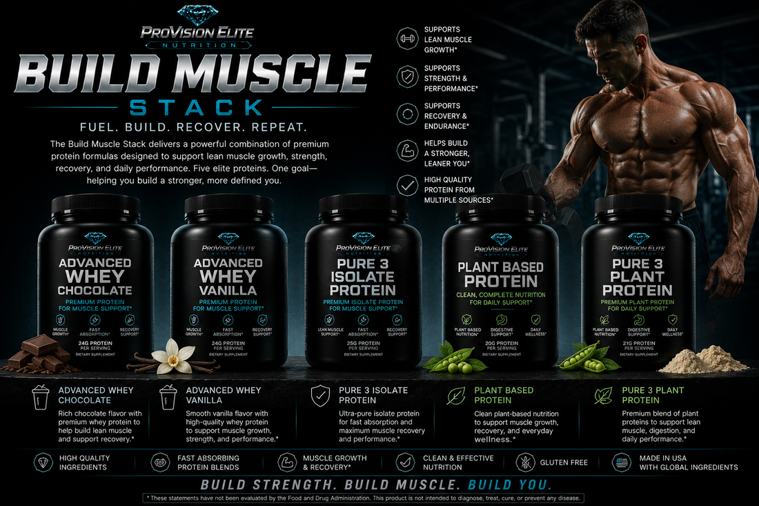 Premium supplement stack bottles arranged on matte black surface with teal lighting