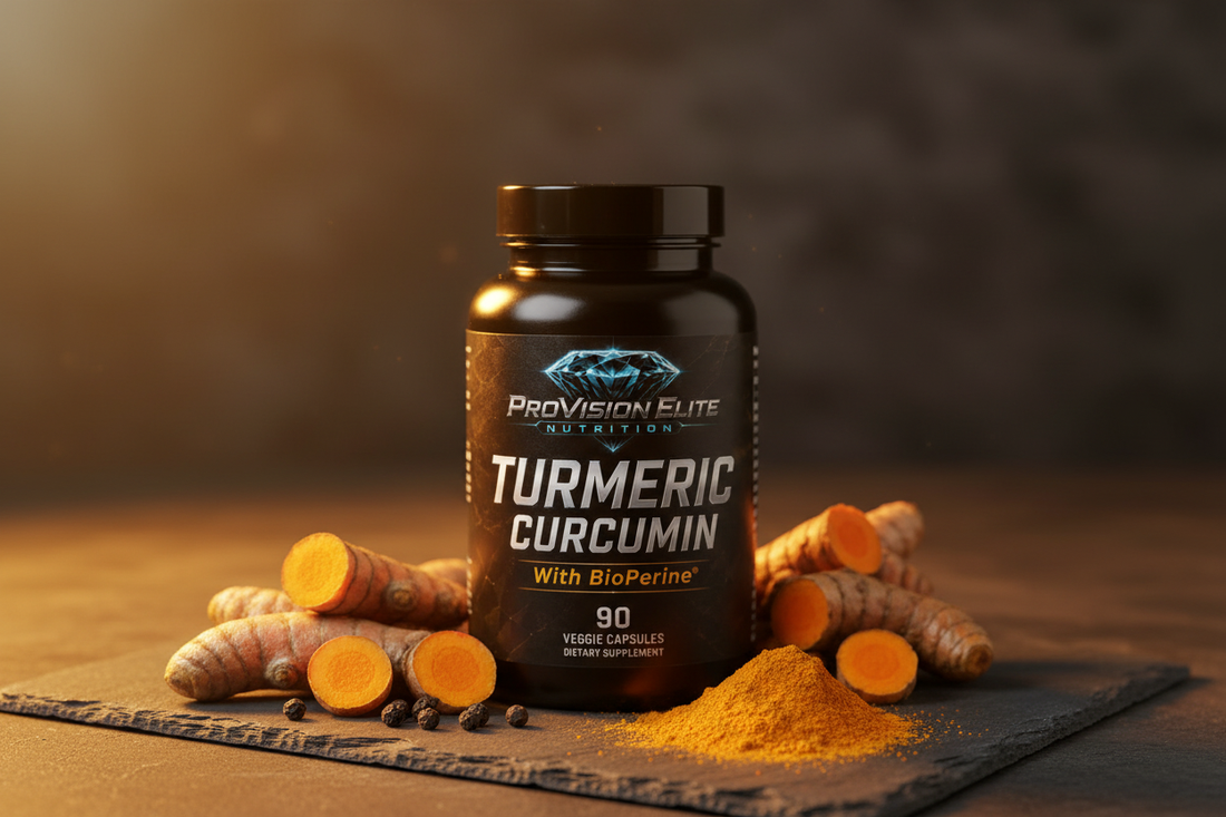 Golden turmeric root and dark capsules with amber and teal accent lighting — joint support supplement