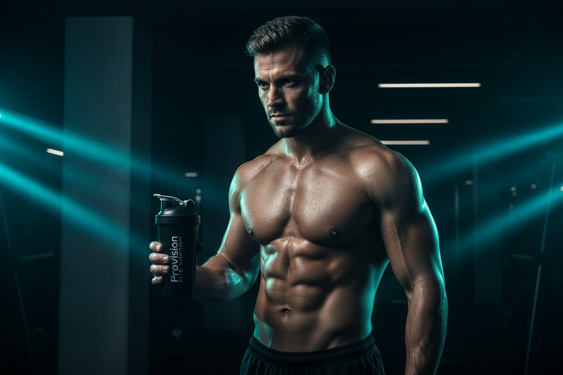 Whey and plant protein containers side by side comparison with teal studio lighting